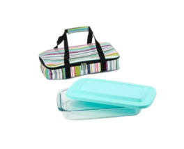 Cook&#39;s Tools ~ 2.3 Qt. ~ 3 Piece Baker w/Lid ~ Striped ~ Insulated Tote/Carrier - £33.09 GBP