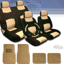 For BMW Premium Black Tan PU Leather Car Seat Steering Cover Floor Mat Set  - £43.66 GBP