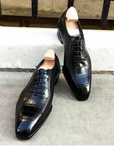 Handmade Men Black Crocodile Embossed Calfskin Leather Black Oxford Dress shoes - £102.84 GBP