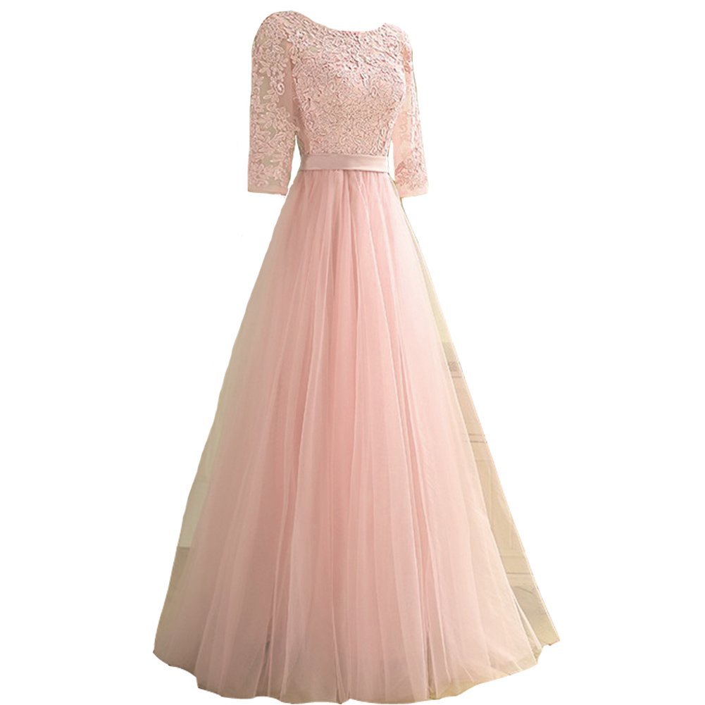 Kivary Vintage Sheer 1/2 Sleeves Tulle A Line Sash Long Prom Evening Dresses Nud