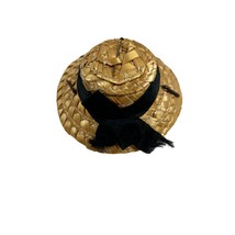 Vintage Straw Doll Hat with Black Ribbon Bow—Fits Barbie, Clone, Fashion... - $9.99