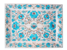 9&quot;x12&quot; Marble Serving Tray Plate Turquoise Inlay Marquetry Kitichen Deco... - £263.77 GBP