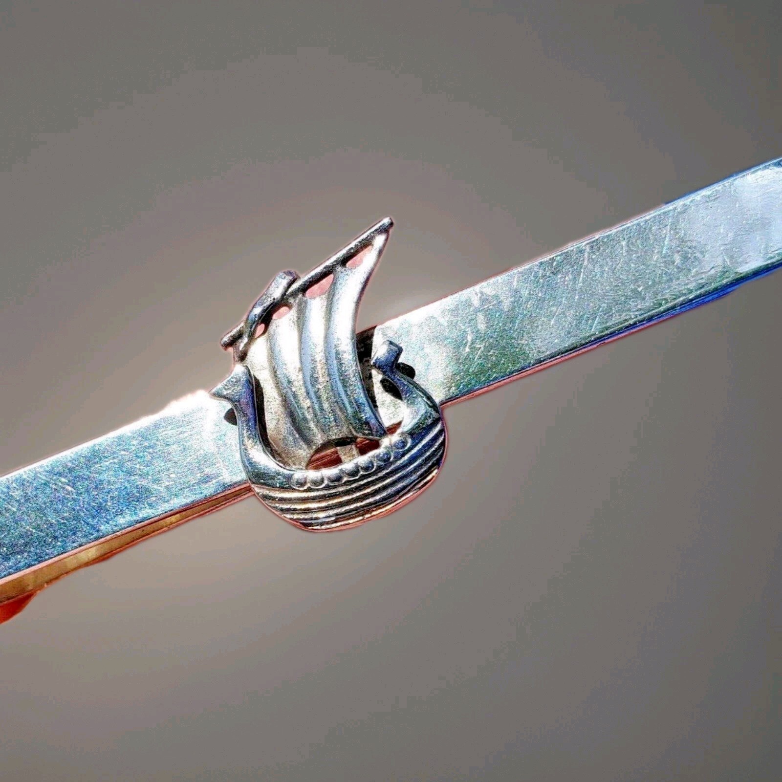 Sterling Silver 925 Viking Ship Tie Clip Bar Denmark Vintage Signed Bjerring Item image 4