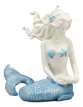 Nautical Ocean Goddess Pretty Mermaid With Blue Tail Holding Pearl Shell Statue - £20.83 GBP