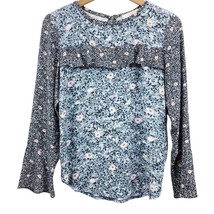 Loft Mixed Material Floral Ruffle Boho Blouse Blue Long Sleeve Women&#39;s XS  - £11.55 GBP