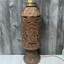 Large Tall Solid Carved Wood Lamp Tiki Polynesian Flowers Fauna  MCM Vintage 18&quot; - £273.76 GBP