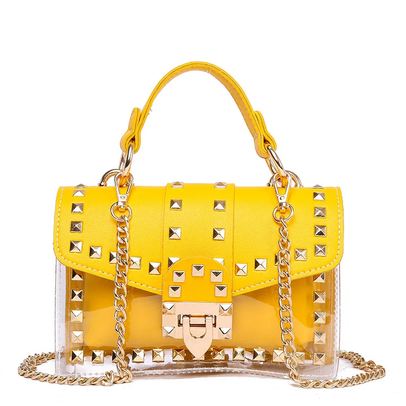 Chains rivet women handbags small white black pink yellow blue pvc hasp handbags summer thumb200