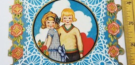 Vtg VALENTINES CARDS Die Cut CUTE BOY &amp; GIRL COUPLE Unused GOLD ROSES Wh... - £12.58 GBP