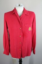 Vtg 90s Lauren Ralph Lauren SP Red Silk Crest Roll Tab Sleeve Blouse Top - £21.44 GBP