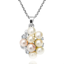 Luxury White-Pink Pearl Grape Cluster Sparking CZ Sterling Silver Necklace - £24.32 GBP