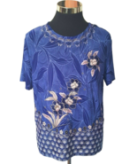 Women&#39;s Floral Blouse Size Large Blue White Gold Glitter Pullover Unbranded - £14.24 GBP