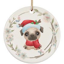 Cute Baby Pug Dog Pet Lover Ornament Flower Watercolor Christmas Gift Tree Decor - £11.69 GBP