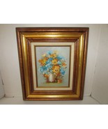 M HUDSON ARTIST SIGNED FRAMED OIL ON WOOD BLUE &amp; IVORY DAISY FLORALS 17.... - $22.72