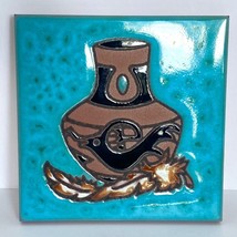 c1995 Cleo Teissedre Hand Painted Ceramic Tile Vase Feather Southwest Style 4x4&quot; - £31.56 GBP