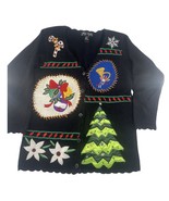 Vintage Gladys Bagley Sweater Cardigan Women Medium Black Knit Christmas... - $24.37