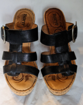 Born Sandals Black Leather Strappy Buckle Cork Wedge 4&quot; Heels Womens US Size 8 - £22.38 GBP