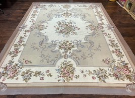 Aubusson Needlepoint Rug 9x12 Vintage Handmade Wool Beige Floral European Carpet - £2,198.22 GBP