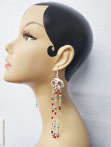 skull charm glass bead earrings long dangles handmade goth punk jewelry  - £6.29 GBP