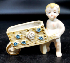 VTG PORCELAIN CHERUB ANGEL PUSHING WHEELBARROW CART JAPAN Planter - £23.21 GBP