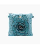 Teal Vegan Ostrich Crossbody Rosette Flower Bag Top Side Zip Outside Pocket - $34.11 CAD