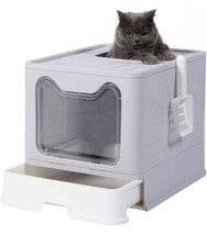 Large Foldable Cat Litter Box with Lid Enclosed Anti-Splashing Drawer Pan Grey - £36.02 GBP