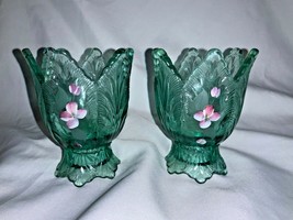 Pair Fenton Art Glass Hand Painted Two Way Candle Holders in Green - £47.45 GBP