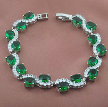 15Ct Oval Cut Emerald &amp; Diamond Link Bracelet 8&quot; 14k White Gold Finish - £142.05 GBP