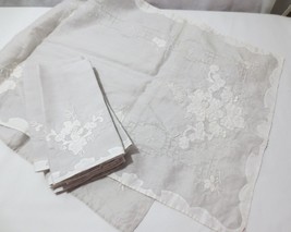 Vtg Irish Linen 8 Napkins Table runner  Floral White on Gray Applique Embroidery - £31.60 GBP
