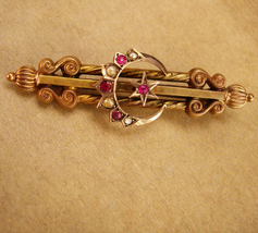 Antique rose &amp; yellow gold plate Victorian Brooch - Moon and stars - Hal... - $195.00