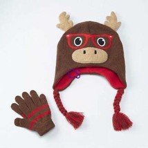 Boys Hat Trapper &amp; Mittens Set Brown Moose-size S/M - £6.74 GBP