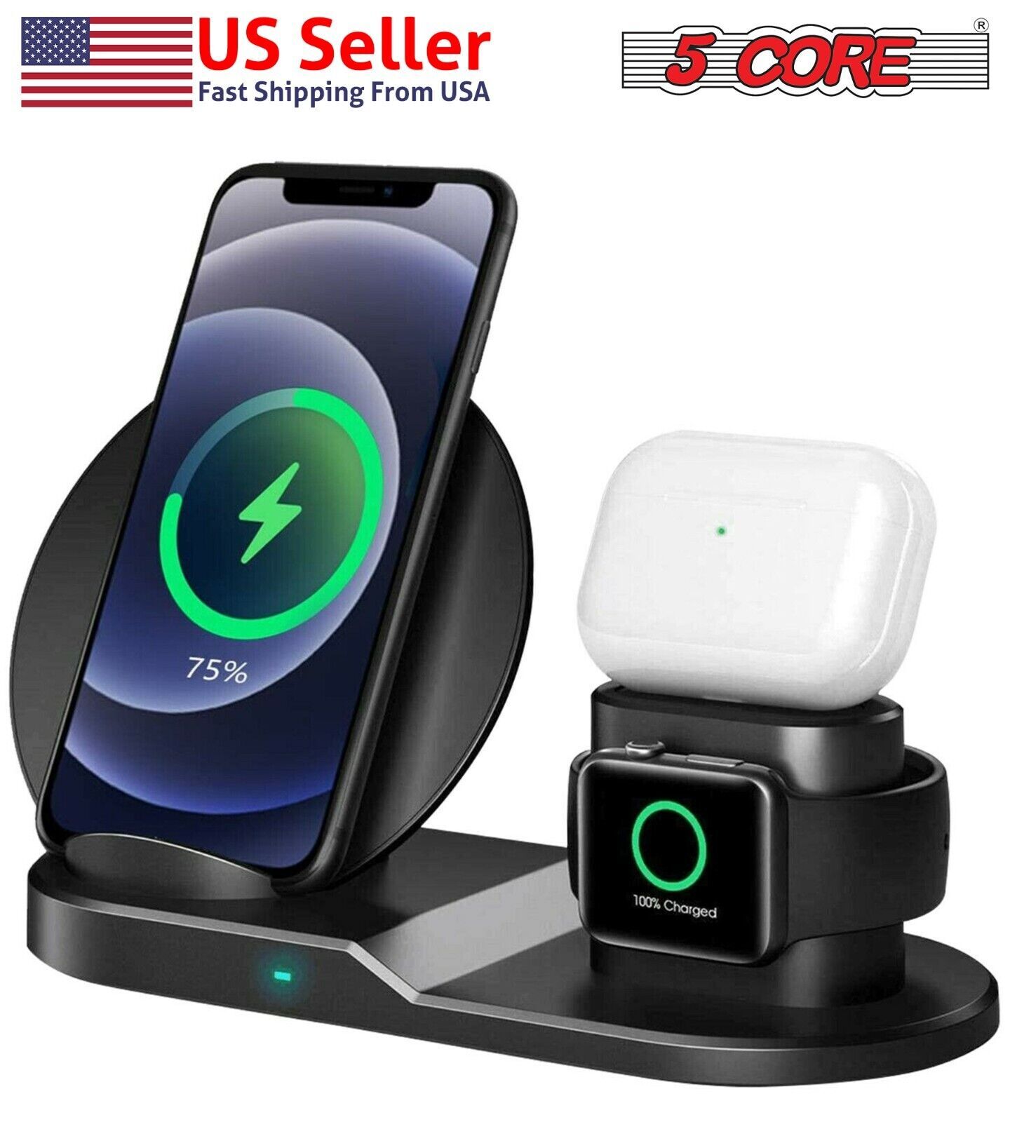 5Core 3 in1 15W Qi Wireless Charger Fast Charging Dock For Apple Watch Air Pods - $11.49