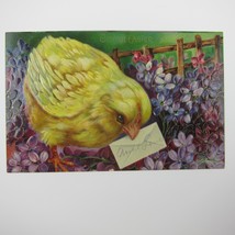 Easter Postcard Yellow Chick &amp; Envelope Purple Flowers Gold Embossed Antique - £11.85 GBP