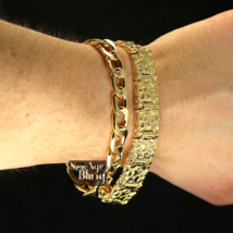 Mens 2pc 8&quot; Bracelet Set Cuban and Nugget Links 14k Gold Plated Hip Hop Jewelry - £10.94 GBP