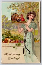 Thanksgiving Greetings Lovely Lady With Turkey On Plate Gilded Postcard K28 - £7.17 GBP