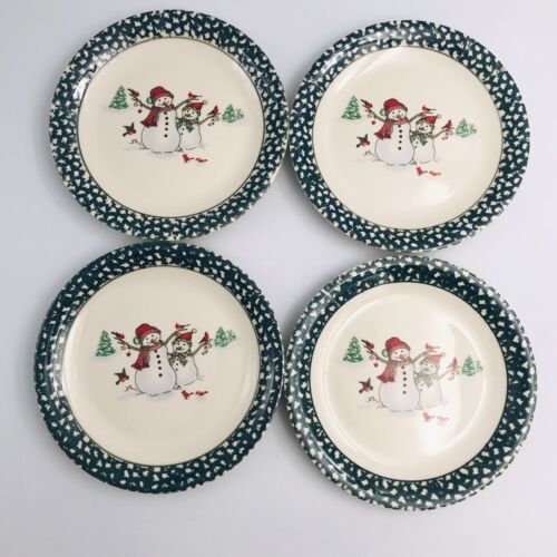 Primary image for Four (4) Thomson Pottery Winterland Snowman Green Dessert Plates 7.75" 