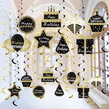 Black Gold Birthday Hanging Swirls Decorations For Mens Women, 16Pcs Happy Birth - £20.77 GBP