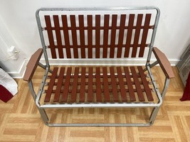 Vintage Redwood Aluminum Folding LOVESEAT LAWN CHAIR double wood porch p... - £119.89 GBP