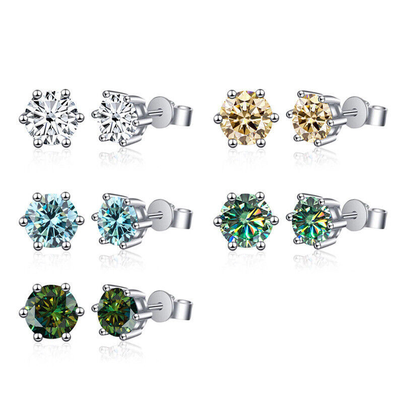 Elegant 925 Sterling Silver Six Claw Earrings Blue & Green Moissanite
