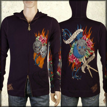 Christian Audigier Skulls Flames Mens Long Sleeve Zip Hoodie Sweater Purple M-XL - £120.61 GBP
