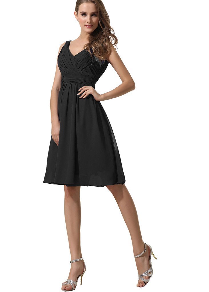 Kivary Women's Short V Neck Pleated Knee Length Prom Bridesmaid Dresses Black US