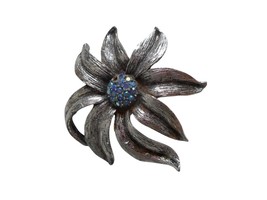 Costume Silver  Blue &quot;Rhinestone&quot; floral Brooch Pin Jewelry - $142.38 MXN