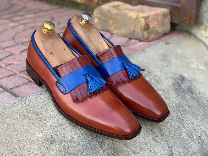 Handmade Men's Two Tone Leather Fringes Tassel Loafer Shoes, Men Party Loafers
