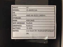 Hp 15-db0011dx *Parts/Repair* A6/4GB/BATT - No OS/HDD/CHRG - $57.83