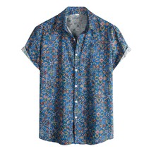 Men&#39;s Casual Blouse Cotton Linen Ethnic Print Shirts Summer Short Sleeve Button  - £60.20 GBP