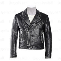 New Men&#39;s Black Silver Spiked Studded Punk Rock Cowhide Biker Leather Jacket-316 - £197.53 GBP