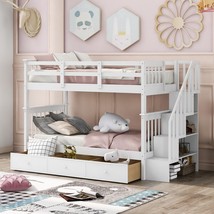 Stairway Twin-Over-Twin Bunk Bed with Three Drawers for Bedroom, Dorm - White - £600.40 GBP
