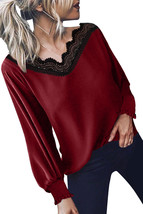 new Lace Trim V-Neck Blouse Top red M - $20.00
