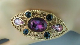1928 Pin Brooch Large Purple Stone Designer Brilliant Gold Plated Filigree NICE! - £15.79 GBP