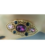 1928 Pin Brooch Large Purple Stone Designer Brilliant Gold Plated Filigr... - $19.99