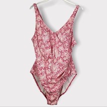 Denim &amp; co Beach Pink &amp; White Surplice Paisley One Piece Swimsuit Size 14 - £17.21 GBP